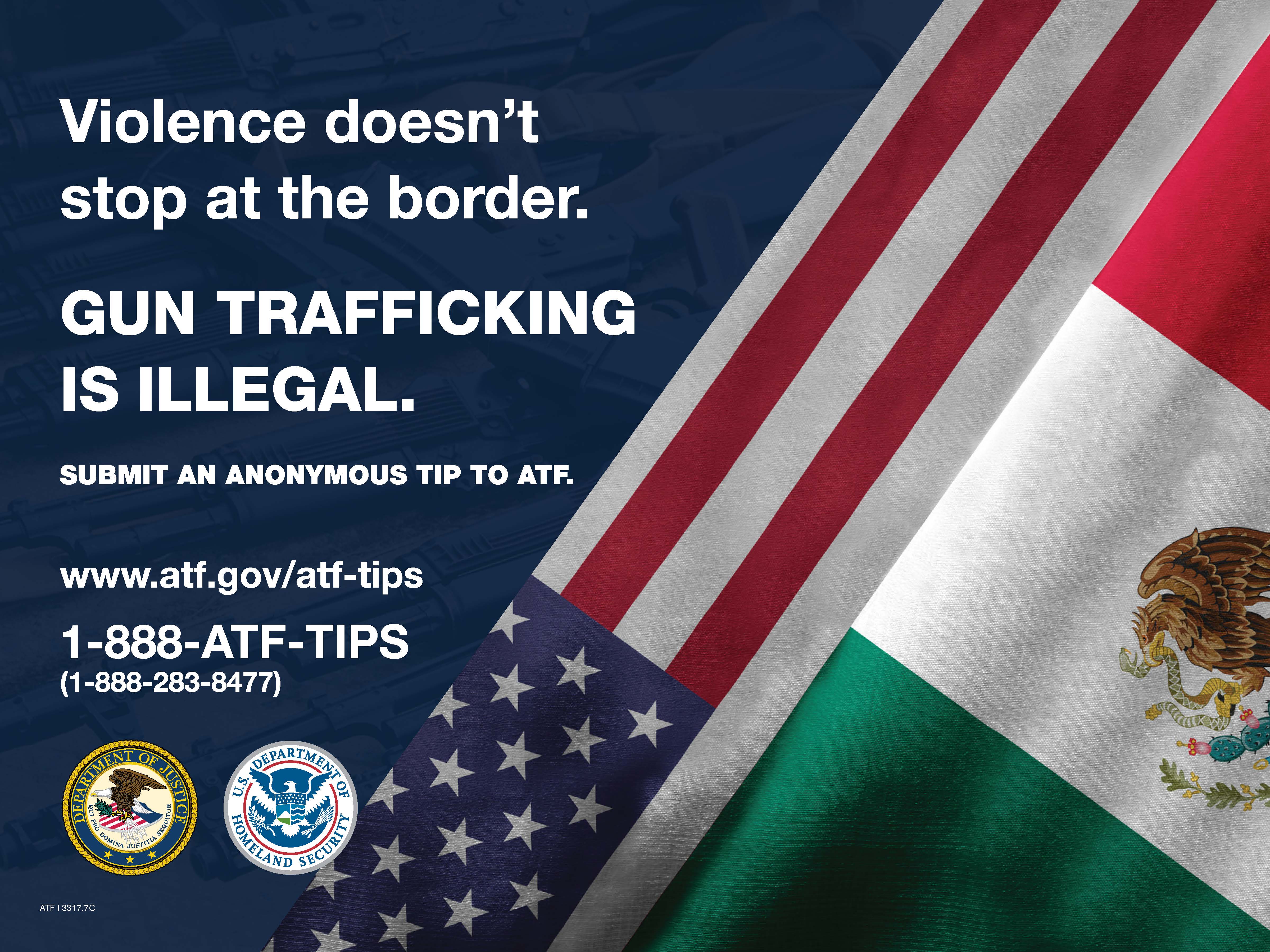 Anti-firearms trafficking poster featuring country flags to prevent violence at the border