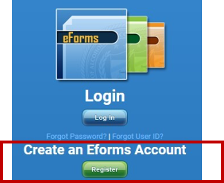 Screenshot of the account registration button on the eForms website. Screenshot of the account registration button on the eForms website.