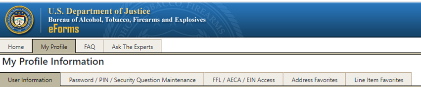 Screenshot of the eForms webpage showing information under the "My Profile" tab. Screenshot of the eForms webpage showing information under the "My Profile" tab.