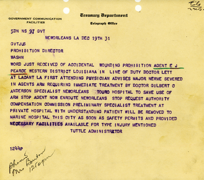Telegram regarding the accidental shooting of Eugene Pearce