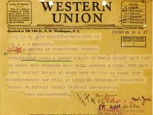 Image of telegram regarding the death of Investigator James Harney