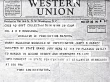 Image of telegram regarding the indictment of Harry Hedstrom for the murder of Investigator James Harney