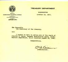 Picture of the death announcement from the Treasury Department regarding Stanton E. Weiss.