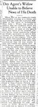 Newspaper article with headline: Dry Agent's Widow Unable to Believe News of His Death