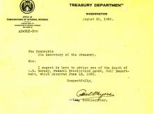 Picture of the death announcement from the Treasury Department regarding William Daniel Dorsey