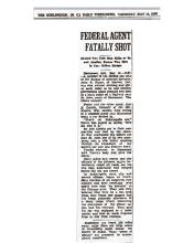 Newspaper article from The Burlington, dated May 14, 1936, with headline: Federal Agent Fatally Shot
