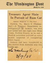 Newspaper article from The Washington Post, dated March 9, 1938, with headline: Treasury Agent Slain In Pursuit of Rum Car